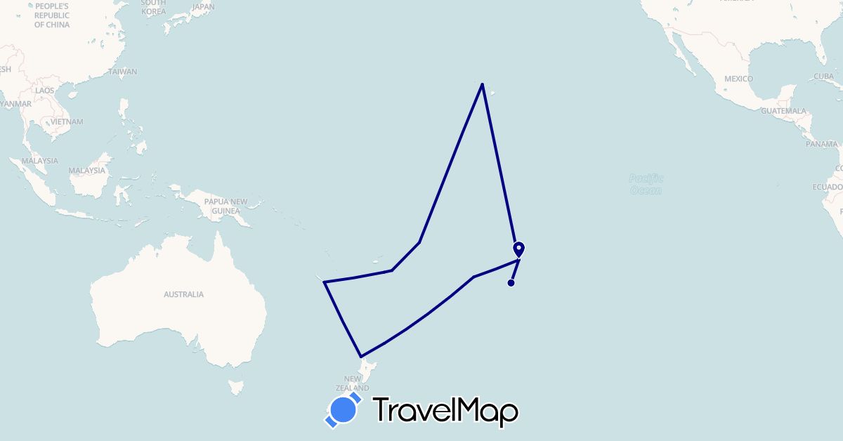 TravelMap itinerary: driving in Cook Islands, Fiji, France, New Caledonia, New Zealand, United States, Samoa (Europe, North America, Oceania)